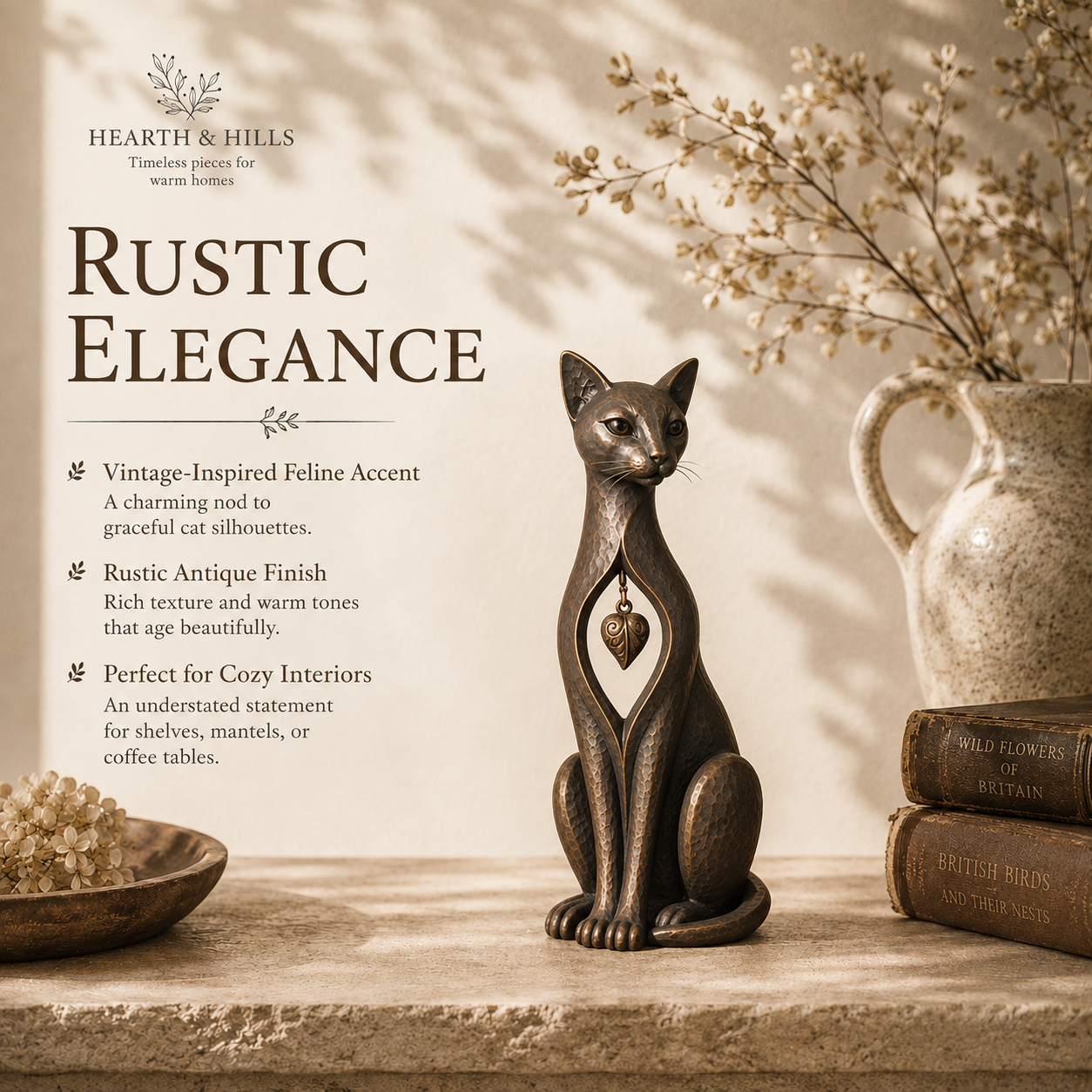 Heritage Heart Sphynx Sculpture – Vintage Iron Cat Accent for Timeless Interiors