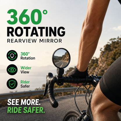 360° rotating rearview mirror for a clear view without needing to turn your head. Suitable for bicycles, e-bikes, and motorcycles. Tool-free silicone straps!