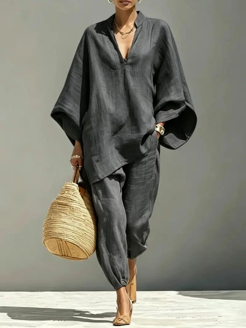 Women's Summer Loose Fit Solid Linen Deep V Neck Batwing Sleeve Pants Set