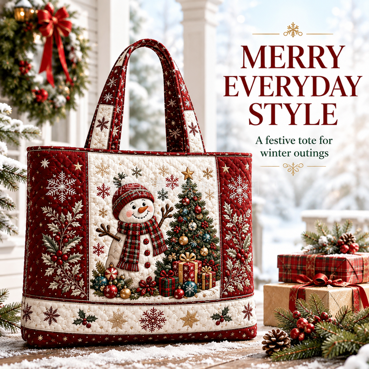 🎄 Quilted Christmas Shoulder Tote Bag – Festive Holiday Shopping Bag 🎁