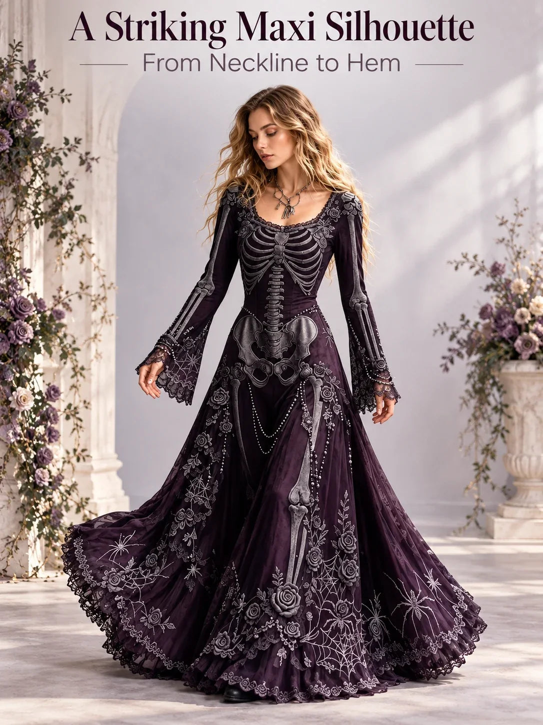 Gothic Skeleton Maxi Dress for Halloween | Bell Sleeve 🕸️