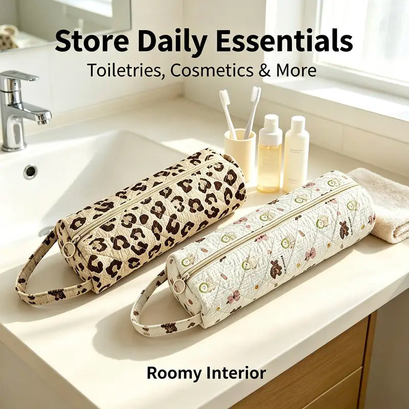 Cosmetics and toiletries organized inside quilted pouch