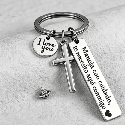 Keychain with Cross and "I Love You" Charm – Stainless Steel "Drive Safely" Ring (Spanish Inscription)