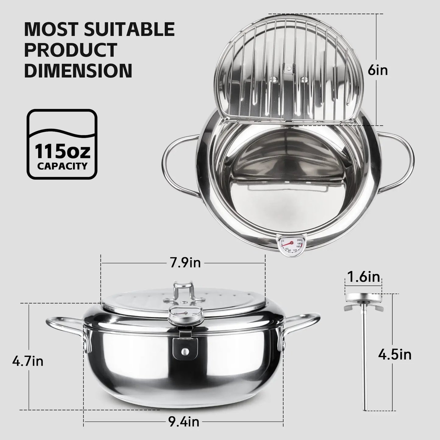 🥗Kitchen Essentials 🍳 304 Stainless Steel Deep Fryer Pot – Thermometer, Oil Drain Rack, Splatter-Proof Lid