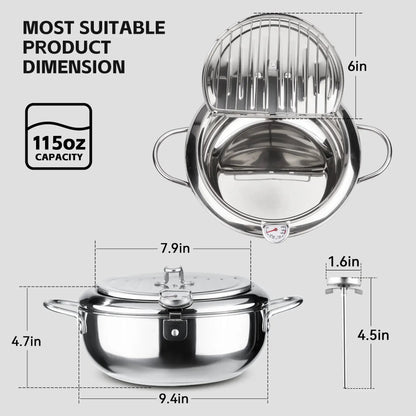 🥗Kitchen Essentials 🍳 304 Stainless Steel Deep Fryer Pot – Thermometer, Oil Drain Rack, Splatter-Proof Lid
