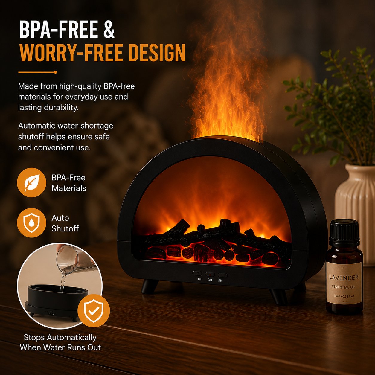 Fireplace Flame Essential Oil Diffuser - 7 Color Ultrasonic Aromatherapy Humidifier