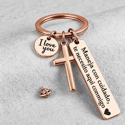 Keychain with Cross and "I Love You" Charm – Stainless Steel "Drive Safely" Ring (Spanish Inscription)