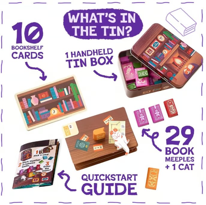 📚🎲Bookshelf Cooperative Stacking Game | Skill & Balance Card and Book Tower Game in Travel Tin