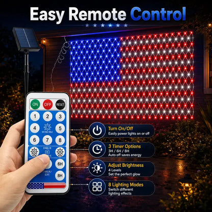 Solar American Flag Net Lights – Waterproof Outdoor LED Patriotic Decorations for 4th of July & Memorial Day