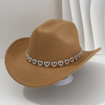 Women's Rhinestone Heart Cowboy Hat Elegant French Jazz Fedora