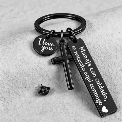 Keychain with Cross and "I Love You" Charm – Stainless Steel "Drive Safely" Ring (Spanish Inscription)