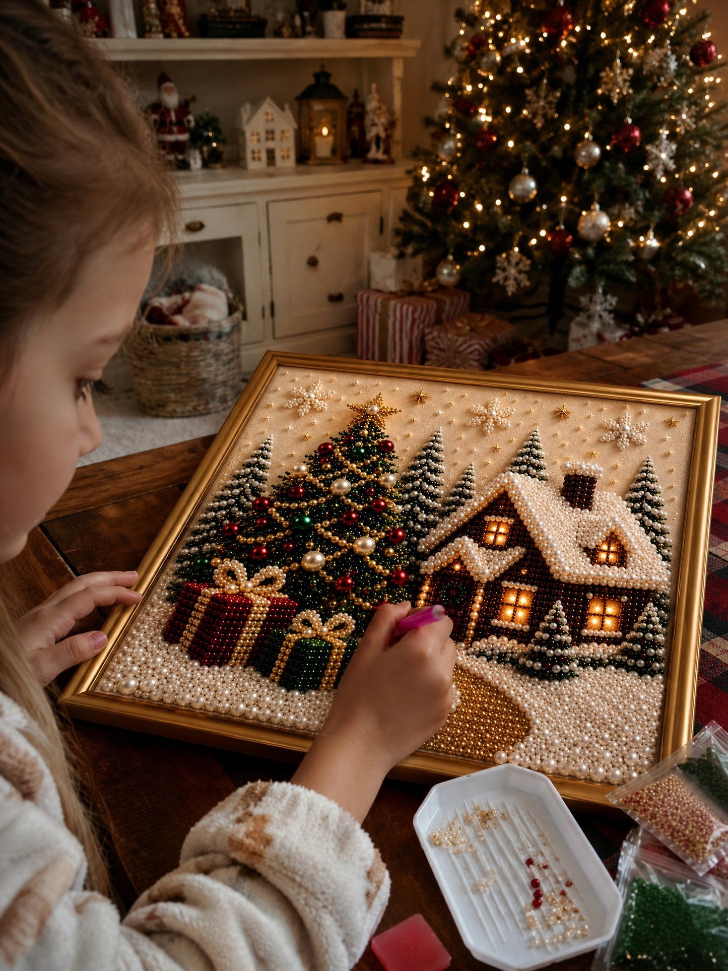 🔥HOT SALE🔥🎄🎅 Premium 3D Pearl Christmas Wall Art Kit | Luxury Flocked Canvas with Scratch-Resistant Non-Fading Pearl Beads DIY Holiday Decor ⛄️❄️