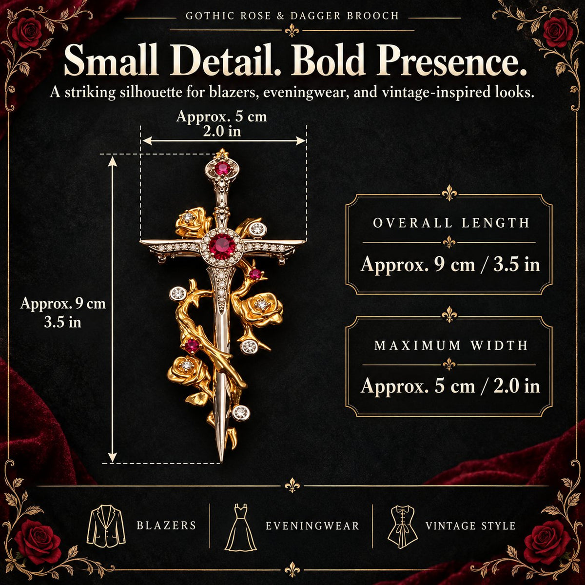🥀 Gothic Rose & Dagger Brooch | Sculpted Golden Roses • Silver-Tone Blade • Ruby-Red Accents 🗡️