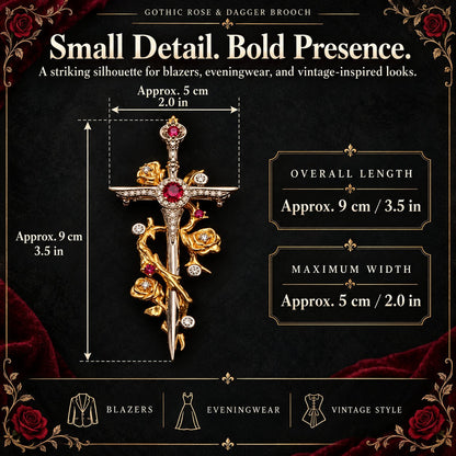🥀 Gothic Rose & Dagger Brooch | Sculpted Golden Roses • Silver-Tone Blade • Ruby-Red Accents 🗡️