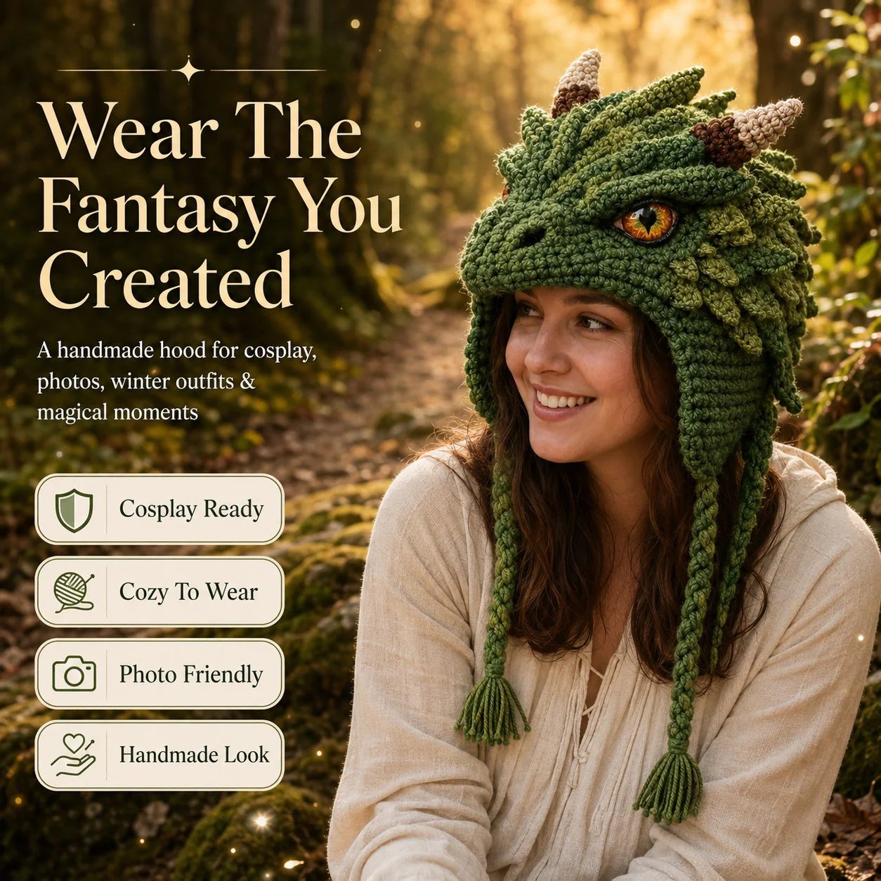🐉🧶 Fantasy Hood Hat DIY Crochet Kit – Stitch Your Own Magical Character