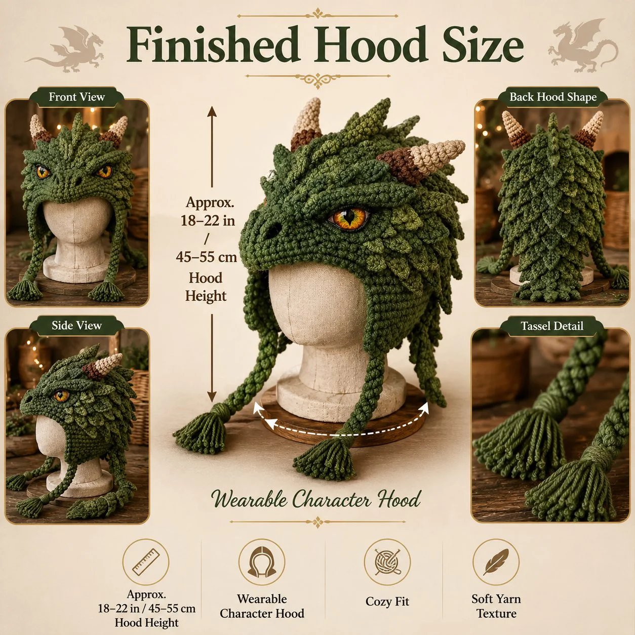 🐉🧶 Fantasy Hood Hat DIY Crochet Kit – Stitch Your Own Magical Character