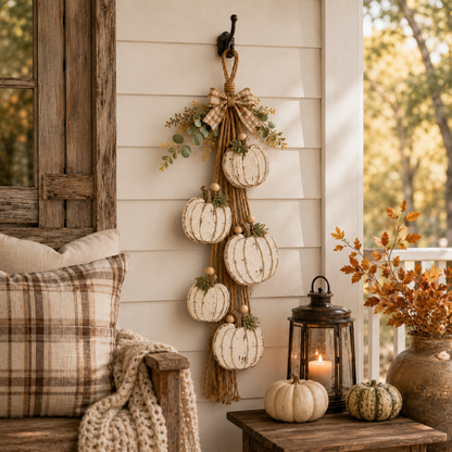 🔥BUY 2 SAVE 15% -🎃 Rustic White Pumpkin Hanging Swag – 5-Pumpkin Fall Door & Wall Decoration for Farmhouse Autumn Decor