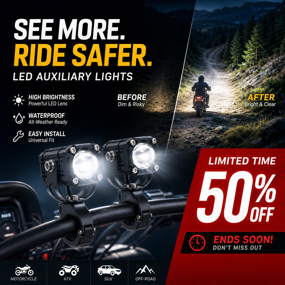 🏍️ Universal Motorcycle LED Spotlights – Dual Beam & All-Weather Waterproof 💡