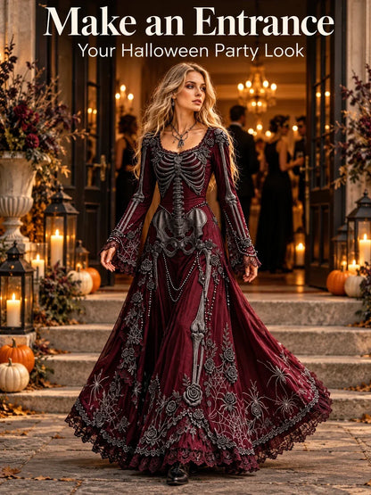 Gothic Skeleton Maxi Dress for Halloween | Bell Sleeve 🕸️