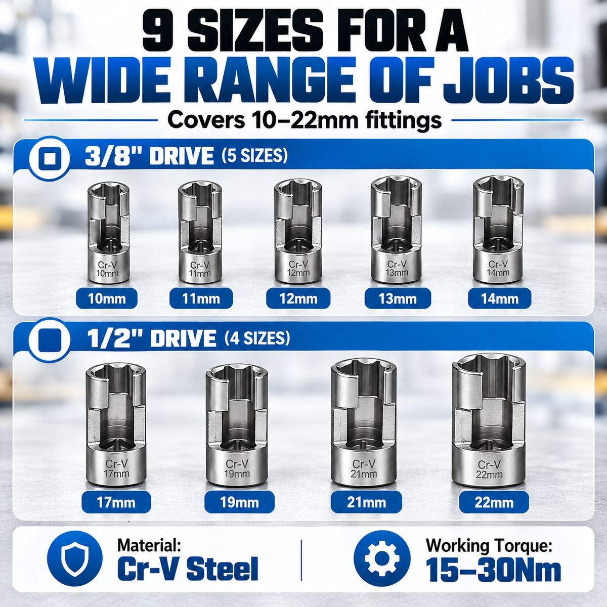 9-Piece Injector & Sensor Line Socket Set – 10–22mm Open-Side Cr-V Sockets, 3/8' & 1/2' Drive