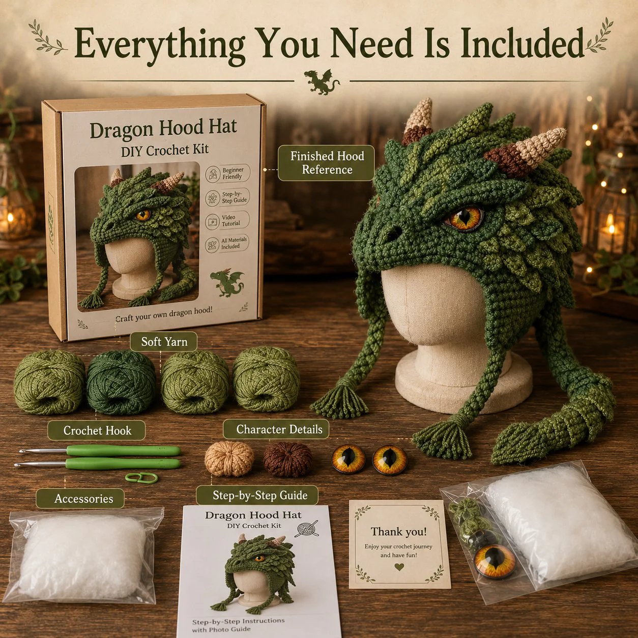 🐉🧶 Fantasy Hood Hat DIY Crochet Kit – Stitch Your Own Magical Character