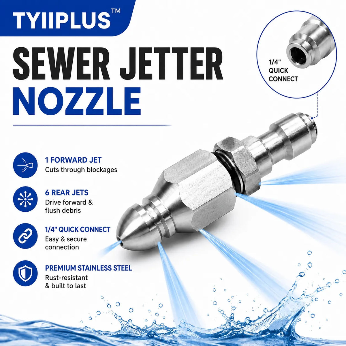 Stainless Steel Sewer Jetter Nozzle – 1/4' Quick Connect Drain Cleaning Attachment for Pressure Washers