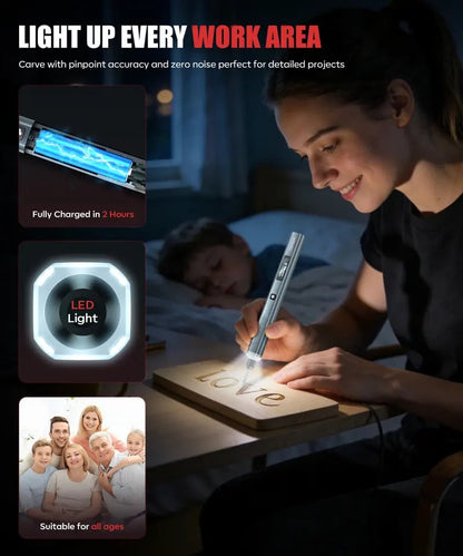 🔥49g Ultra-Light 5-Speed Cordless Engraving Pen – 30 Bits, LED Light & Zero-Noise Motor for DIY Carving
