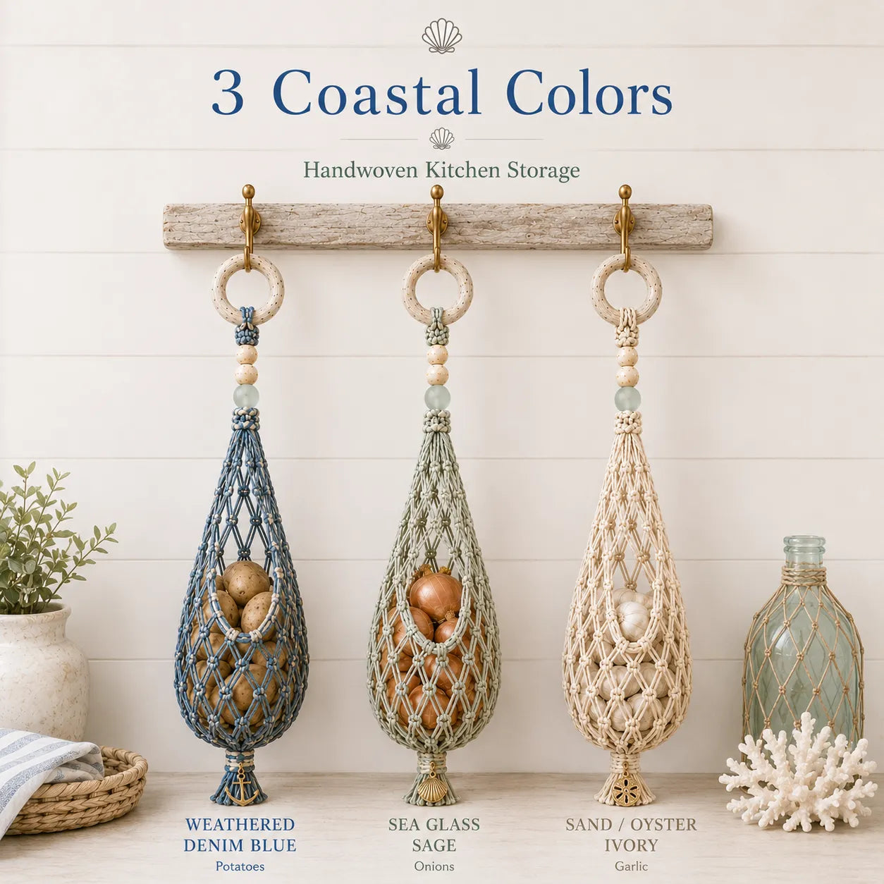 🌊 Coastal Hanging Produce Storage – Handwoven Breathable Organizer with Easy Side Access