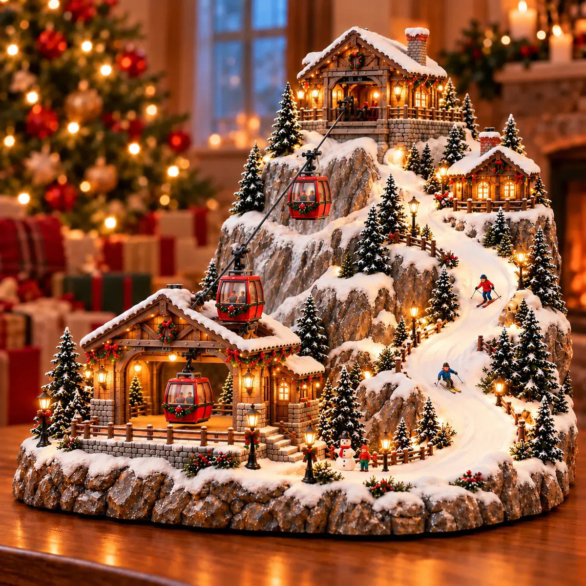 Animated ChristmasMountain Cable Car & SkiVillage Scene⛷️