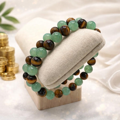 💙 Money Attraction Green Aventurine & Tiger Eye Elastic Crystal Bracelet for Men Women, Friendship Daily Wear