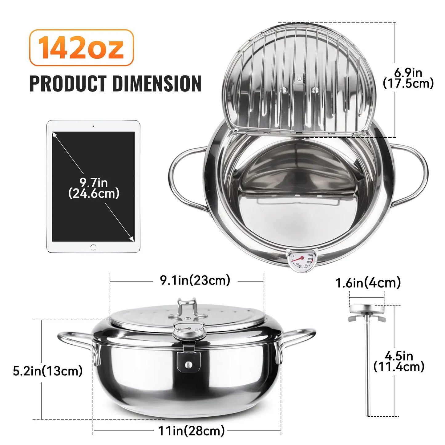 🥗Kitchen Essentials 🍳 304 Stainless Steel Deep Fryer Pot – Thermometer, Oil Drain Rack, Splatter-Proof Lid
