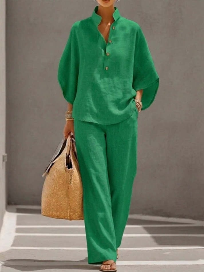 Women's Batwing Sleeve Linen Cotton Two-Piece Set – Casual Shirt & Wide Leg Pants Outfit
