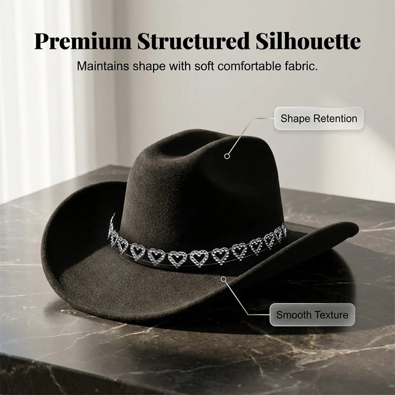 Women's Rhinestone Heart Cowboy Hat Elegant French Jazz Fedora