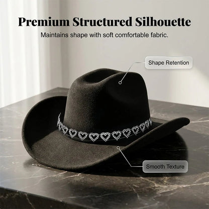 Women's Rhinestone Heart Cowboy Hat Elegant French Jazz Fedora