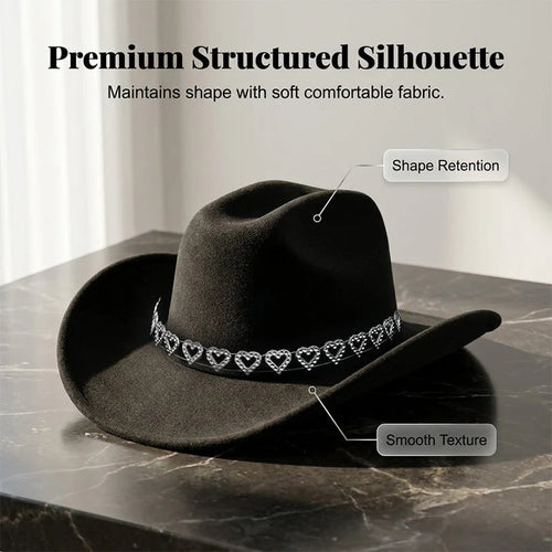 Women's Rhinestone Heart Cowboy Hat Elegant French Jazz Fedora