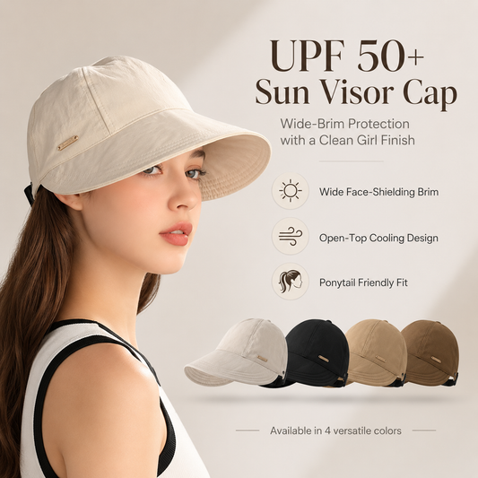 Women's Wide Brim Sun Visor Hat - UPF 50+ Open Top Cap for Ponytails, Golf, and Beach