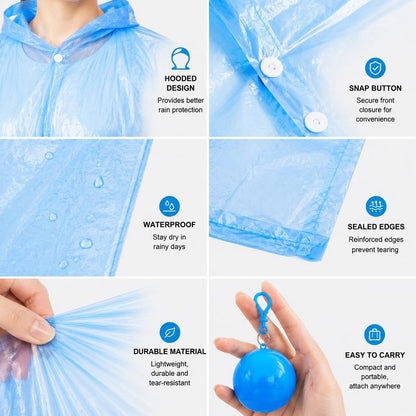 Hooded Disposable Rain Poncho, Waterproof Tear-Resistant Portable Raincoat with Keychain Ball