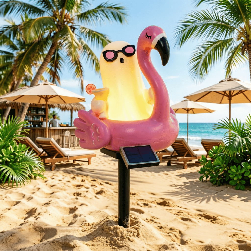 Solar Halloween Ghost Garden Stake Lights — Cute Ghost with Sunglasses in Pink Flamingo Pool Float Outdoor Decor, Waterproof Solar Powered Pathway Landscape Lighting for Yard, Lawn, Patio Gift