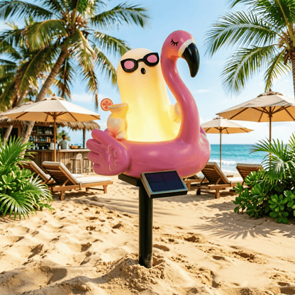 Solar Halloween Ghost Garden Stake Lights — Cute Ghost with Sunglasses in Pink Flamingo Pool Float Outdoor Decor, Waterproof Solar Powered Pathway Landscape Lighting for Yard, Lawn, Patio Gift