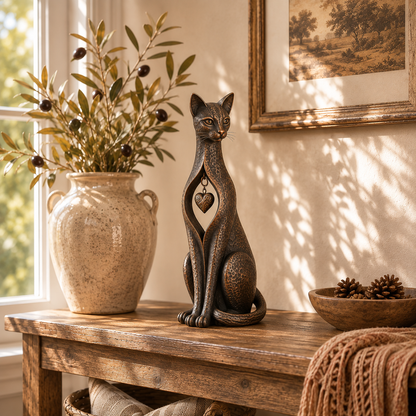 Heritage Heart Sphynx Sculpture – Vintage Iron Cat Accent for Timeless Interiors