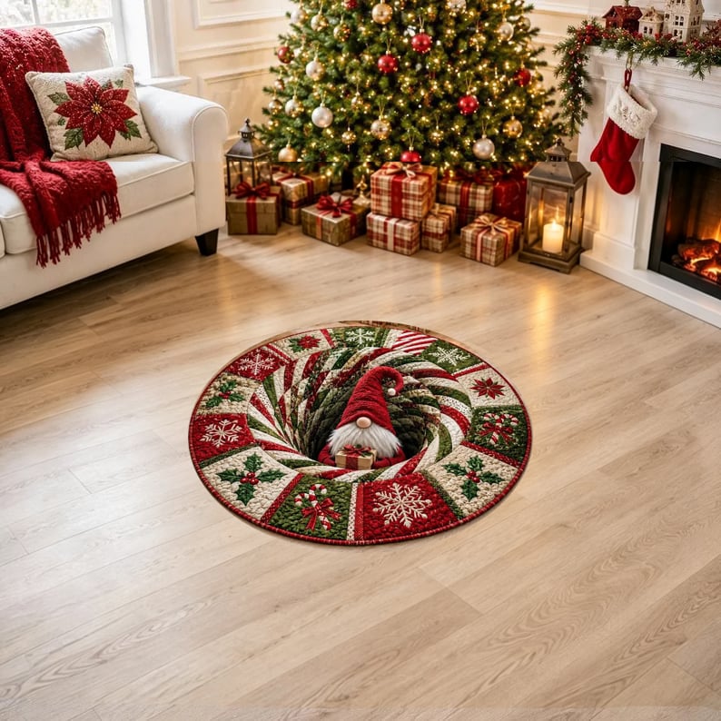 🎄3D Christmas Gnome Optical Illusion Round Rug | Fun Festive Home Decor Must‑Have⭐🏠🎁