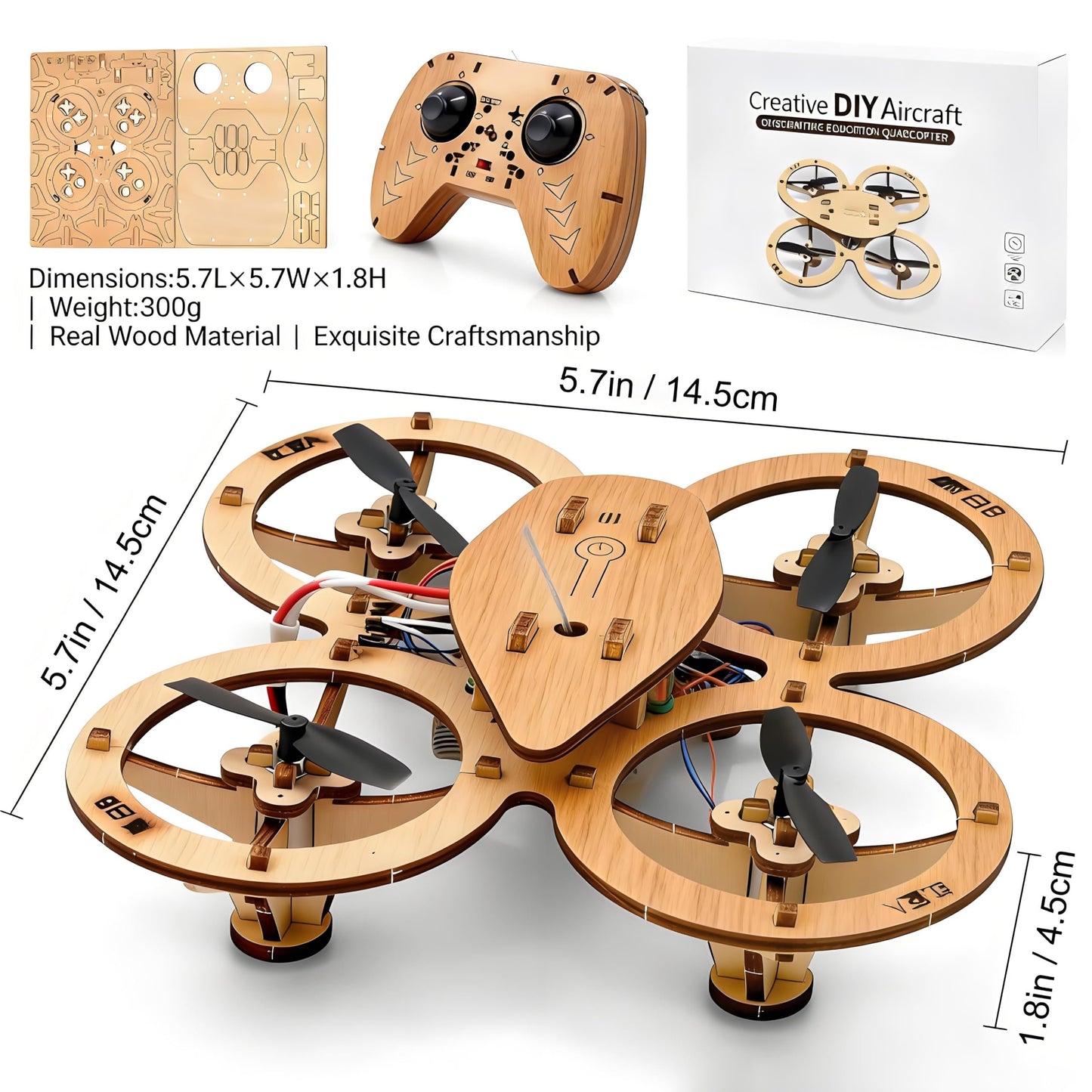 💥🏆Top Gift 2026 🎁 DIY Wooden Drone Assembly Kit, 2.4GHz RC Quadcopter with 360° Flip, Emergency Stop & Beginner Friendly Controls, STEM Building Toy for Teens & Adults