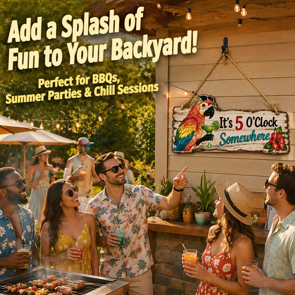 It's 5 O'Clock Somewhere Parrot wall art – Tropical Patio Wall Deco