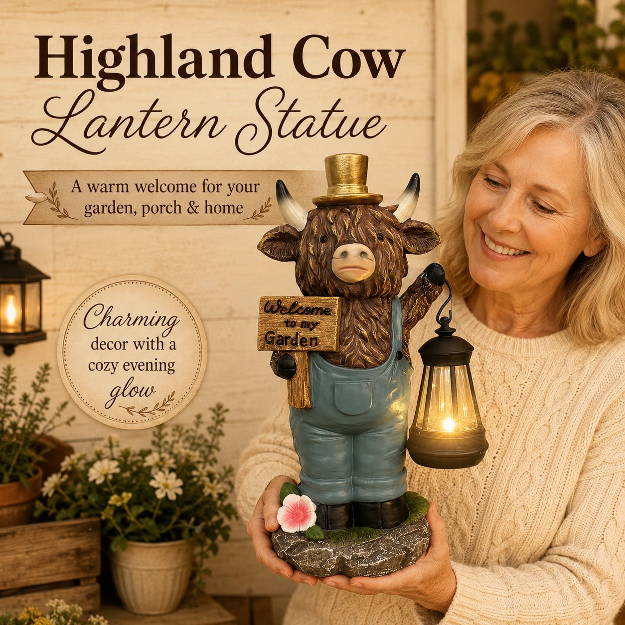Handcrafted Solar-Powered Scottish Highland Bull Garden Welcome Light