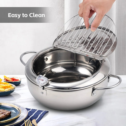 🥗Kitchen Essentials 🍳 304 Stainless Steel Deep Fryer Pot – Thermometer, Oil Drain Rack, Splatter-Proof Lid