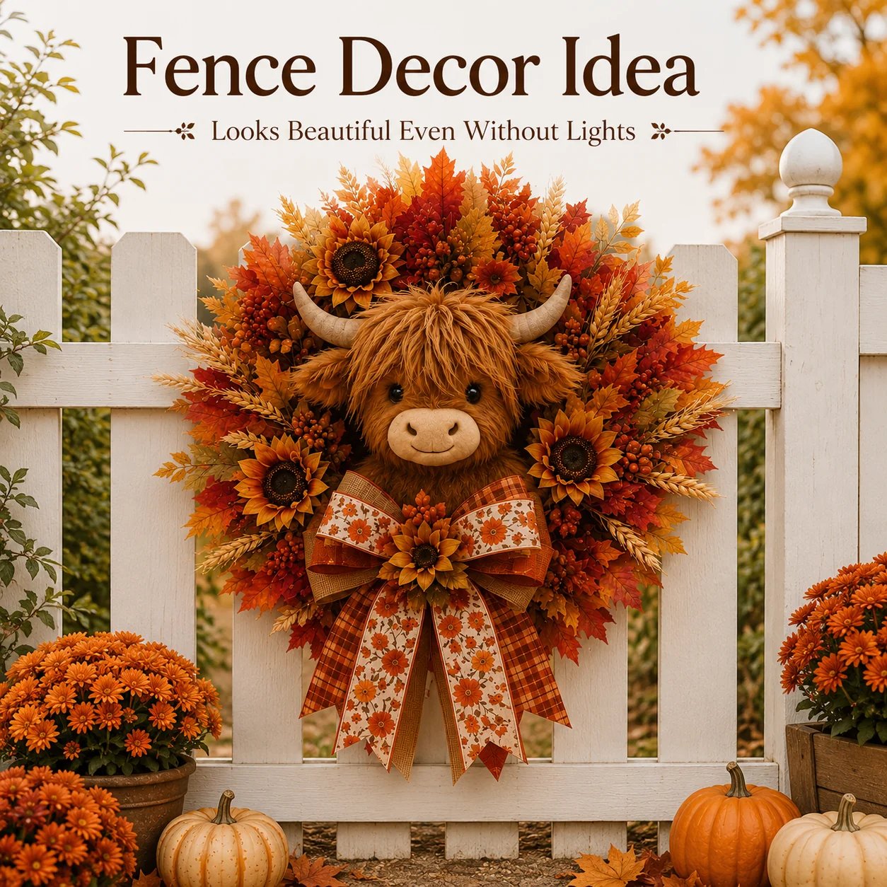 🍂🐮Autumn Highland cow wreath decoration with lights