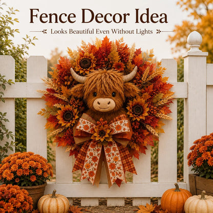 🍂🐮Autumn Highland cow wreath decoration with lights
