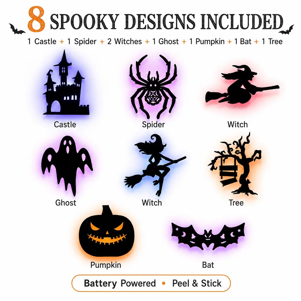 🎃8 Pack Halloween LED Silhouette Wall Light Stickers, Battery Powered Peel & Stick Decor Lights