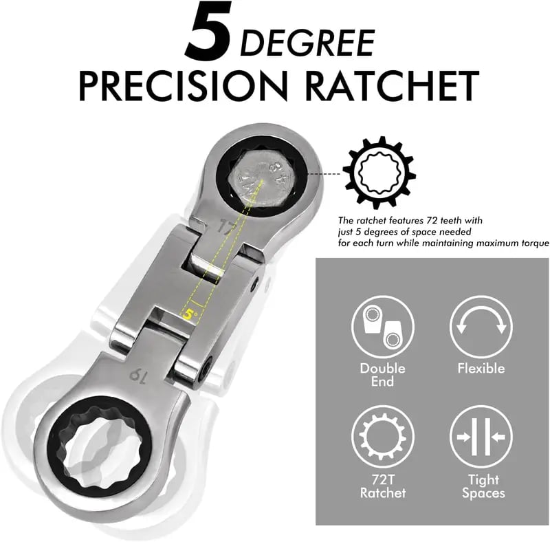 🛠️ 5-Piece Stubby Flex Head Ratchet Wrench Set | 72-Tooth Metric Mechanic Tools