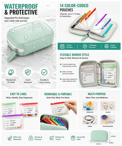 🏆Flash Sale⚡Waterproof Pill Organizer Pouch Set – 14 Removable, Color-Coded Bags, Easy to Label & Refill🔥